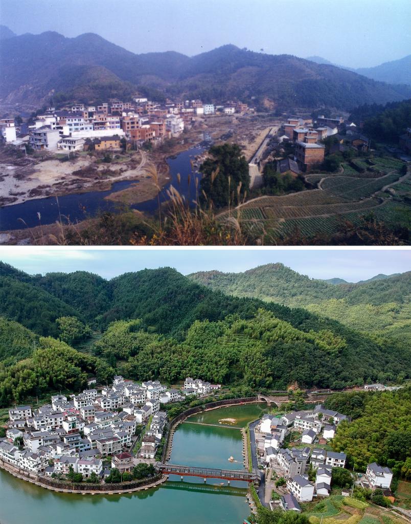 圖為浙江省杭州市淳安縣楓樹嶺鎮(zhèn)下姜村拼版圖，其中上圖為資料照片、下圖由新華社記者張鋮攝。